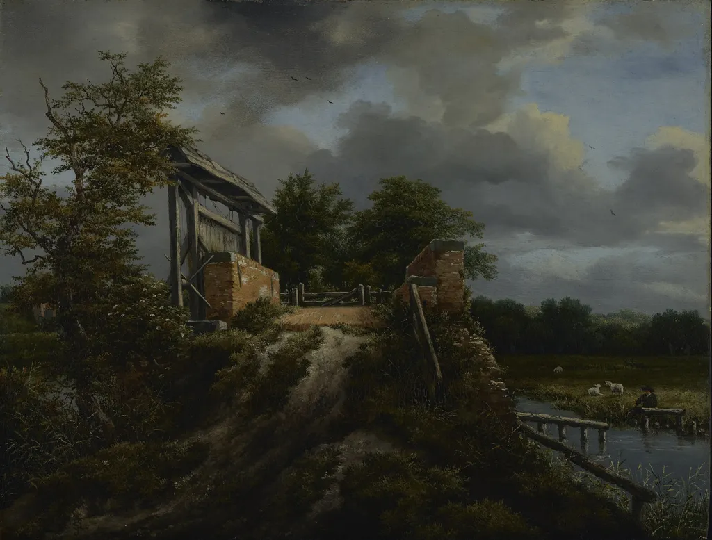 Bridge with a Sluice, by Jacob van Ruisdael, oil, 1648