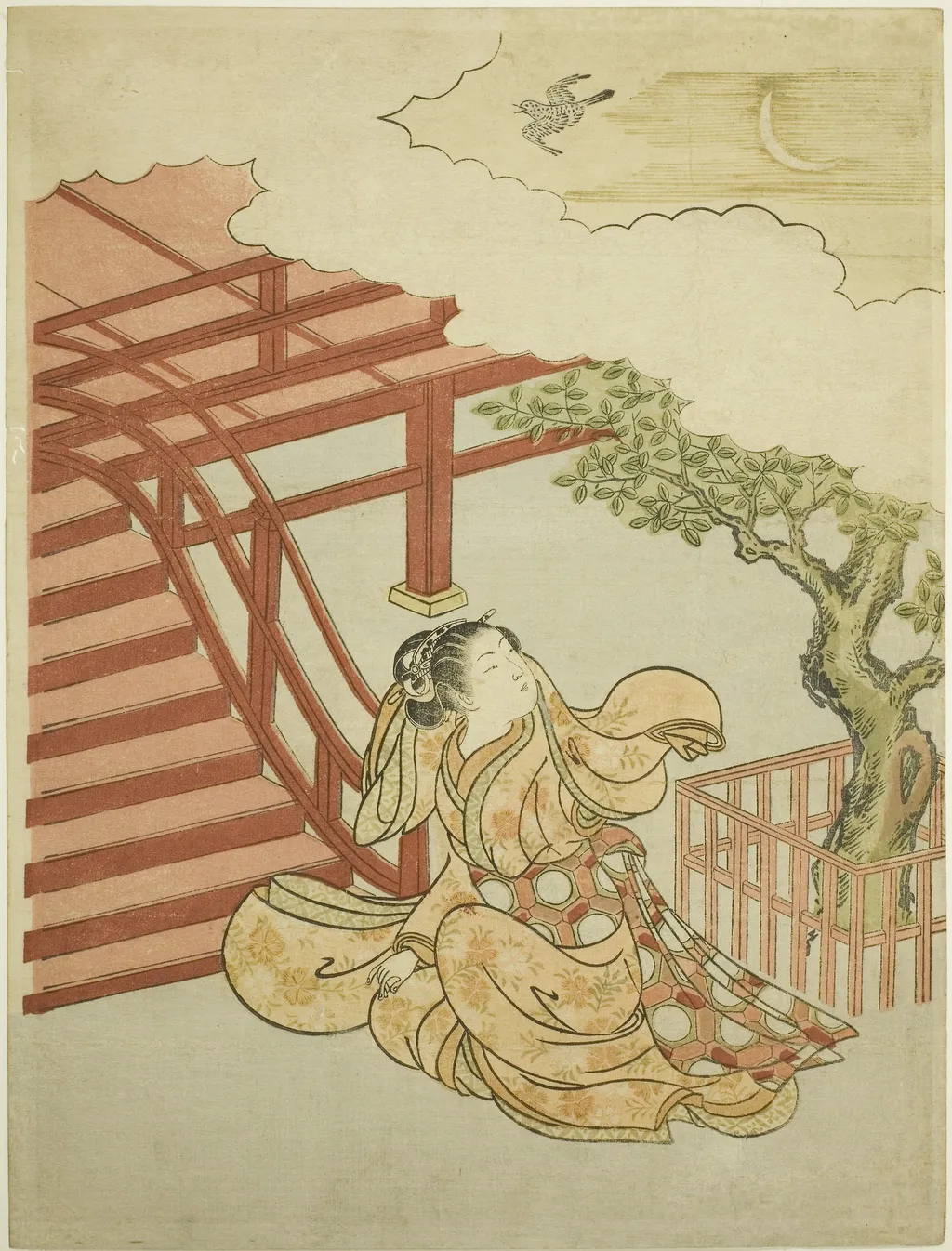 The Call of the Cuckoo from above the Clouds (parody of Minamoto no Yorimasa), by Suzuki Harunobu, unspecified, 1766