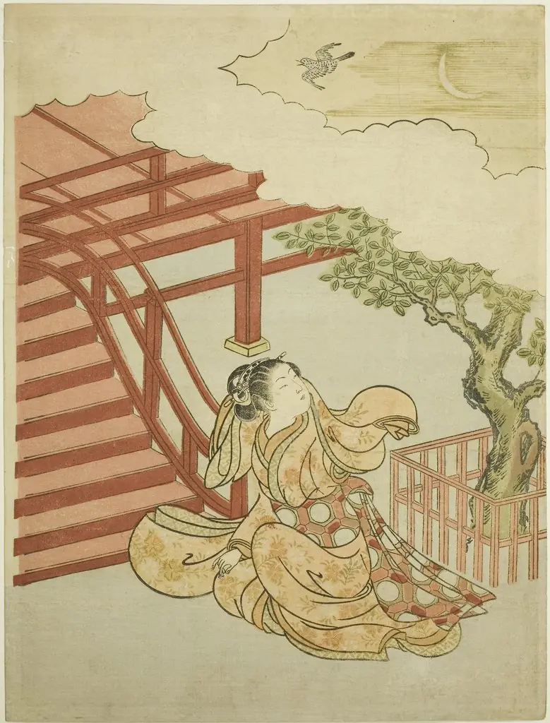 The Call of the Cuckoo from above the Clouds (parody of Minamoto no Yorimasa), by Suzuki Harunobu, unspecified, 1766