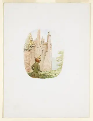 The fox looks up at the stork standing on top of a tower, by Beatrix Potter, watercolor, 1919