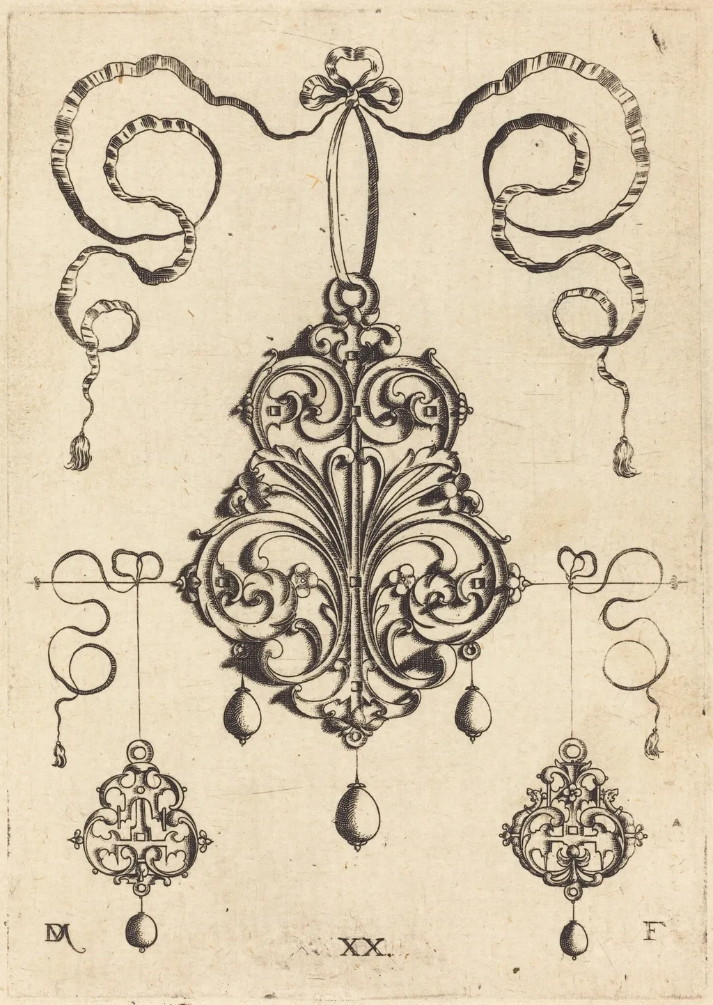 One Large and Two Smaller Strapwork Pendants, by Daniel Mignot, ink, 1584