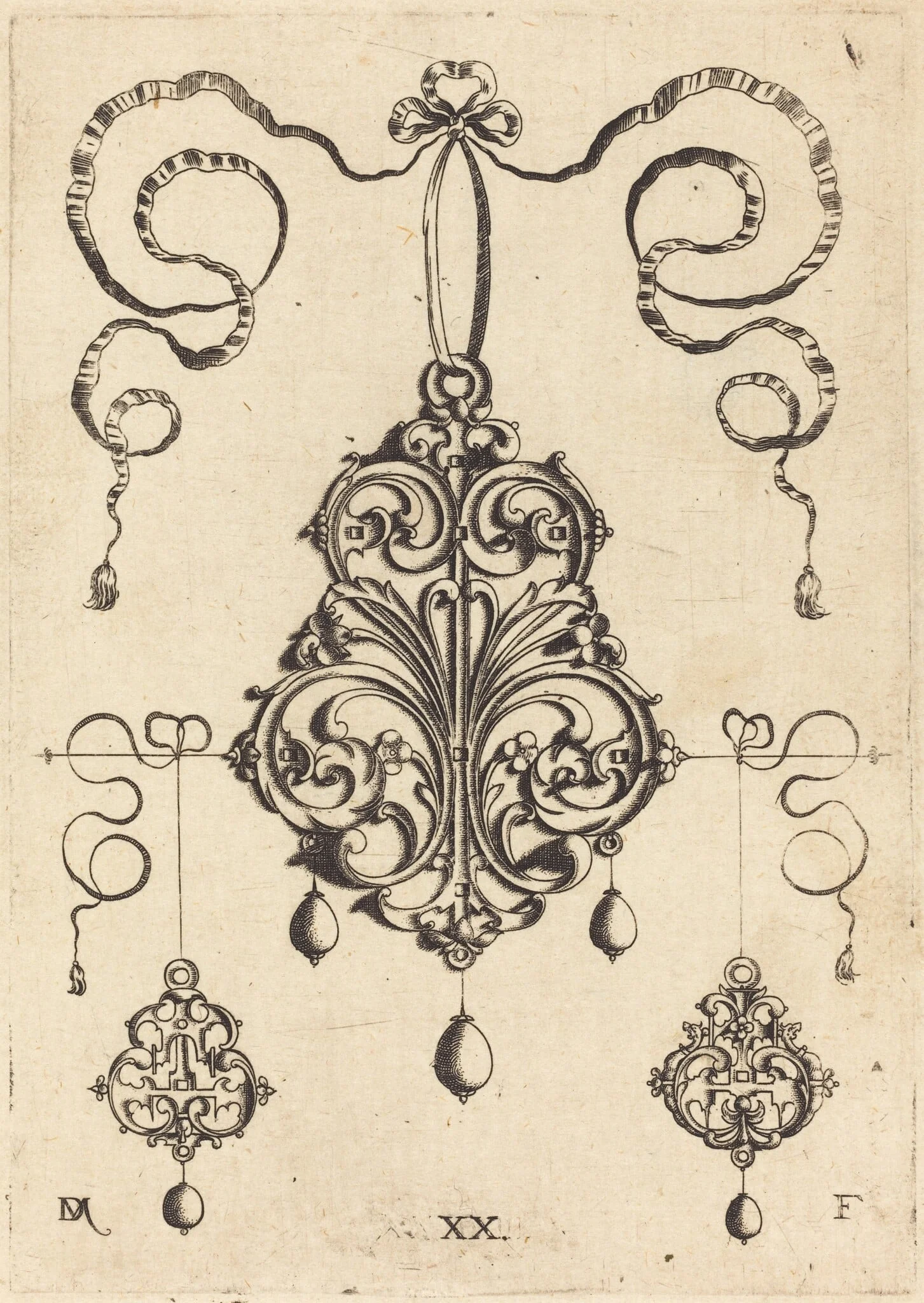 One Large and Two Smaller Strapwork Pendants, detail