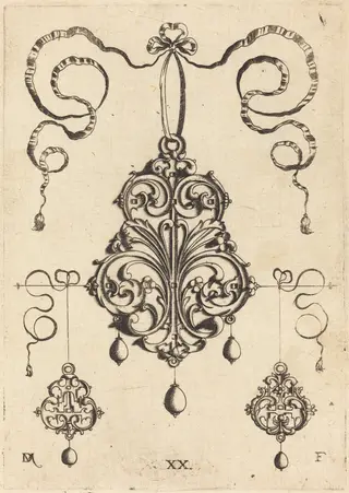 One Large and Two Smaller Strapwork Pendants, by Daniel Mignot, ink, 1584