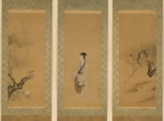Reishō: Paragon of Filiel Piety; Chinese Blue Magpie with Flowering Plum; Sparrows, Willow, and Rose, by Kiyohara Yukinobu, unspecified, 1650