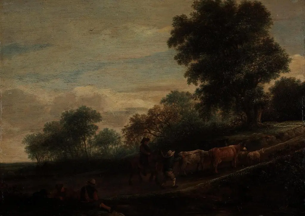 Landscape with Shepherds and Cattle, by Adriaen van Ostade, oil, 1645