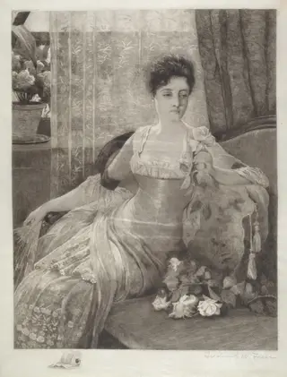 Untitled (Girl on a Couch), by Frederick W. Freer, ink, 1888