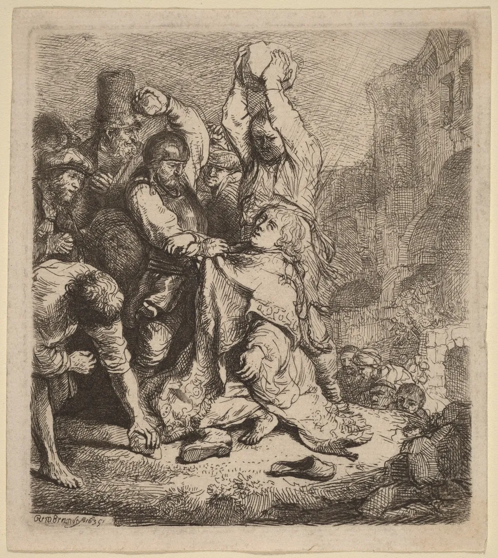 The Stoning of Saint Stephen, by Rembrandt van Rijn, ink, 1635