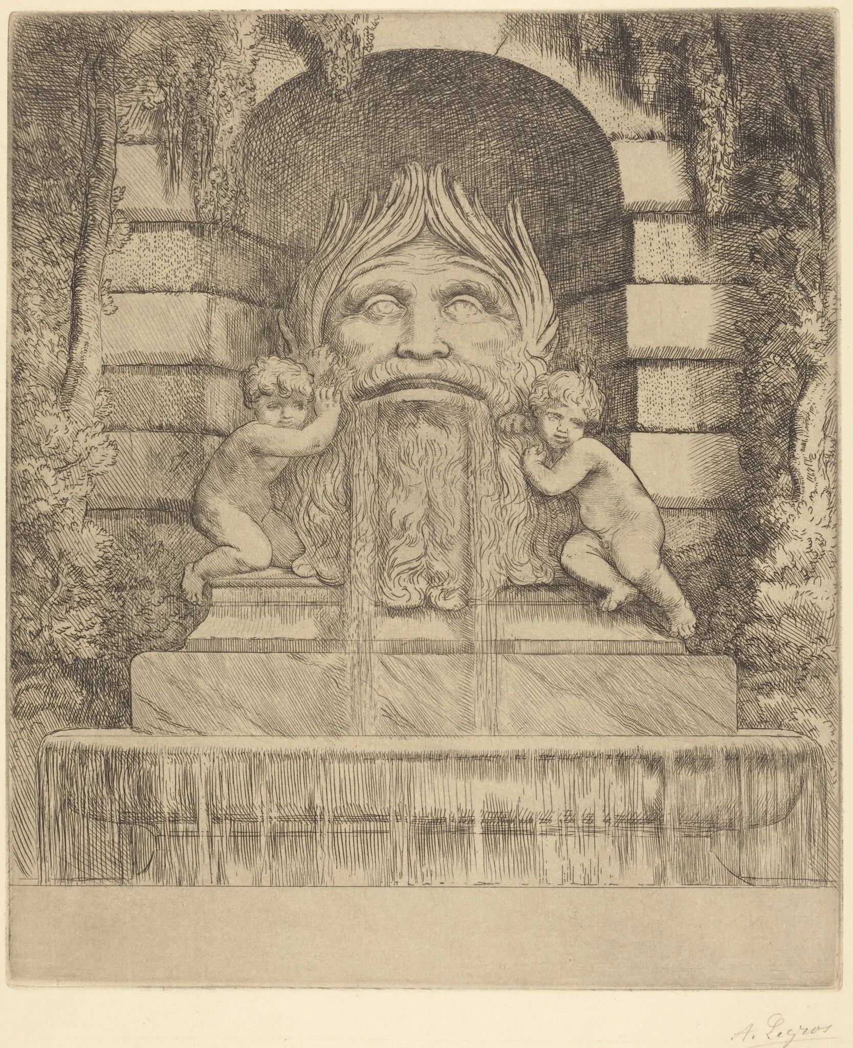 Fountain: Grotesque, Children and Basin (Une fountaine: Masque, enfants et bassin), detail