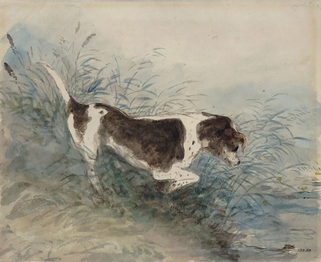 A dog watching a rat in the water at Dedham, by John Constable, watercolor, 4