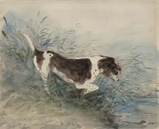 A dog watching a rat in the water at Dedham, by John Constable, watercolor, 4