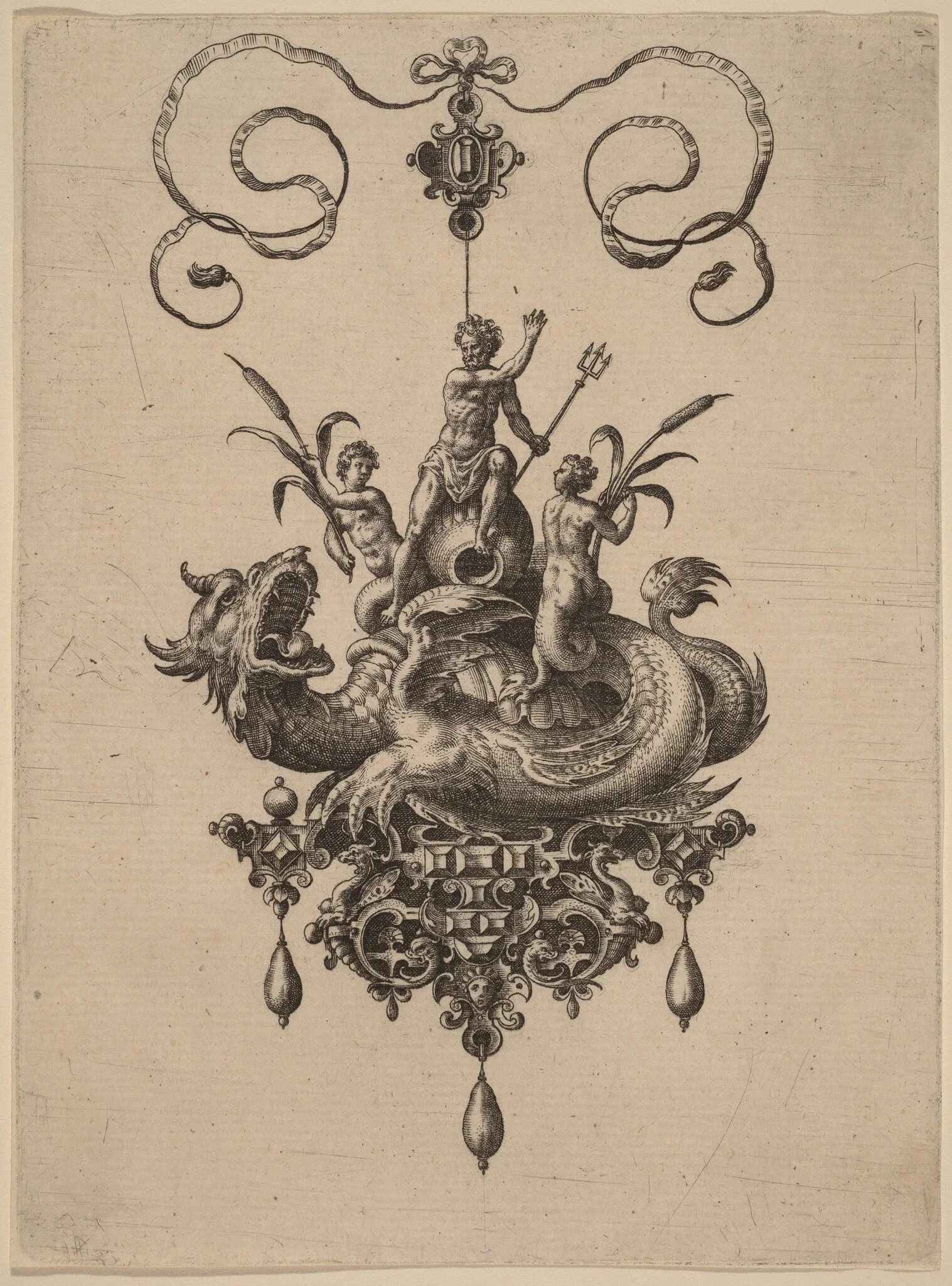 Design for a Pendant with a Sea-Monster Carrying Neptune Flanked by Two Nereids, detail