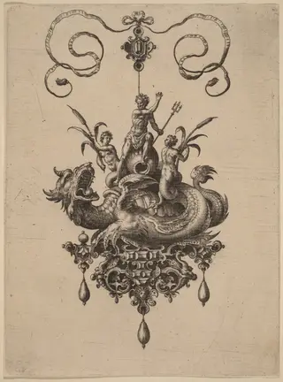 Design for a Pendant with a Sea-Monster Carrying Neptune Flanked by Two Nereids, by Adriaen Collaert, ink, 1582