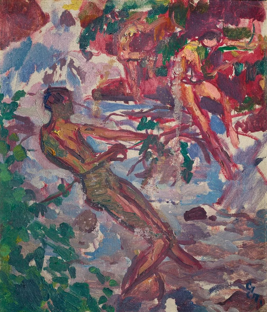 Badende im Bergbach bei Daganece. (Studie), detail
