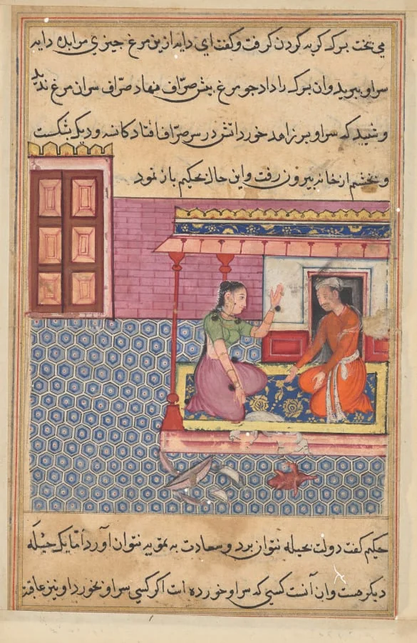 The pious man’s wife offers the seven-colored bird as food to her lover, but not finding its head, he breaks the pot and bowl in anger, from a Tuti-nama (Tales of a Parrot): Fifty-second Night, detail