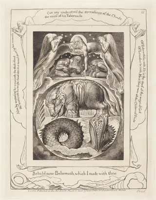 Behemoth and Leviathan, by William Blake, ink, 1825