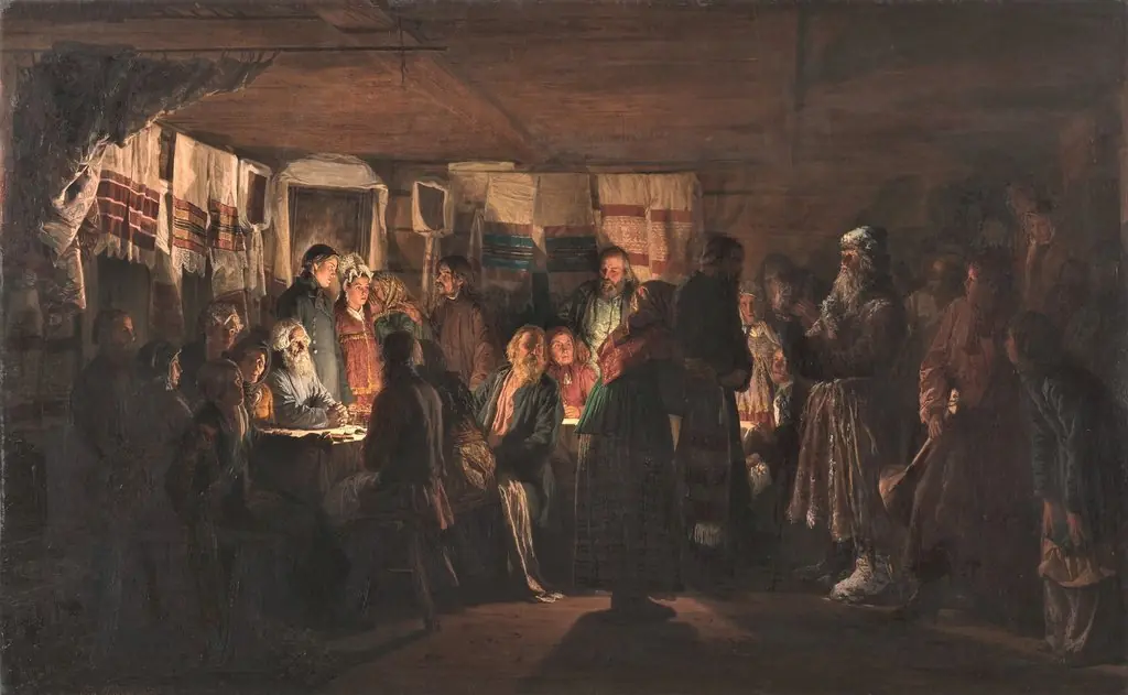 A Sorcerer Comes to a Peasant Wedding, by Vassily Maximov, oil, 1875