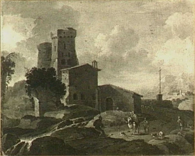 Zuidelijk landschap met kasteelruïne, detail