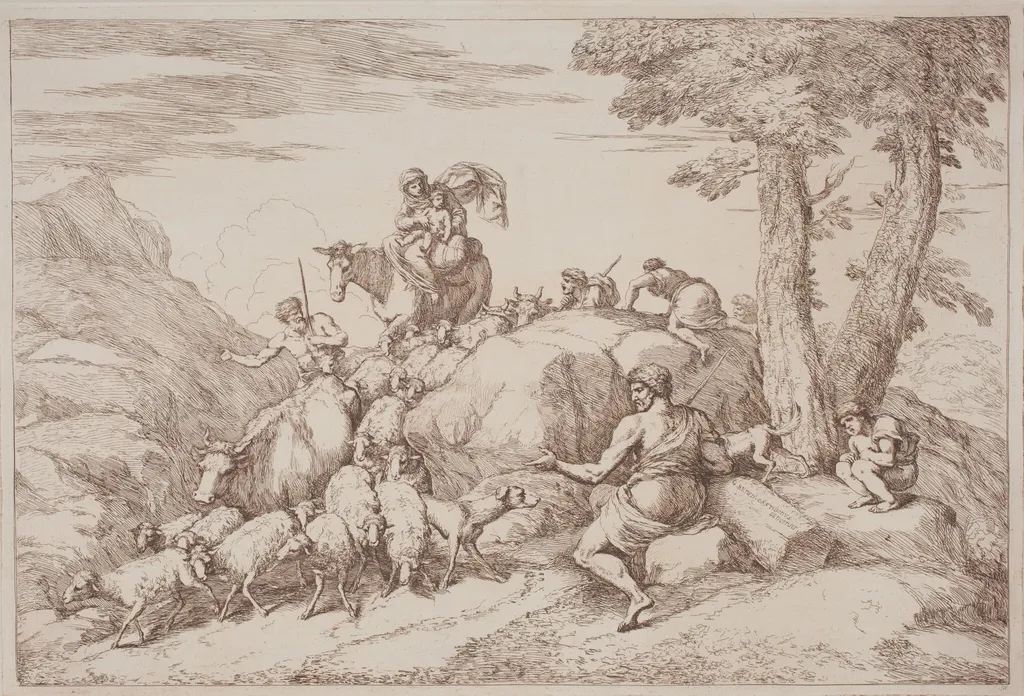 A Pastoral Journey with a Mother and Child on Horesback and an Elderly Shepherd Seated, by Gaetano Zompini, ink, 1758