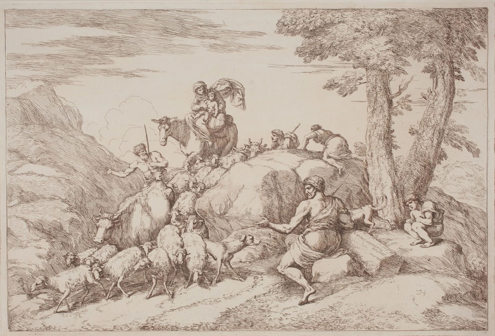 A Pastoral Journey with a Mother and Child on Horesback and an Elderly Shepherd Seated, detail