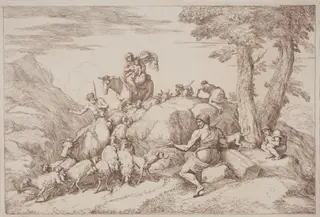 A Pastoral Journey with a Mother and Child on Horesback and an Elderly Shepherd Seated, by Gaetano Zompini, ink, 1758