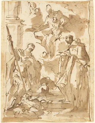 The Madonna and Child in Glory with Saint Theodore and a Monastic Saint, by Giovanni Antonio Pellegrini, chalk, 1715