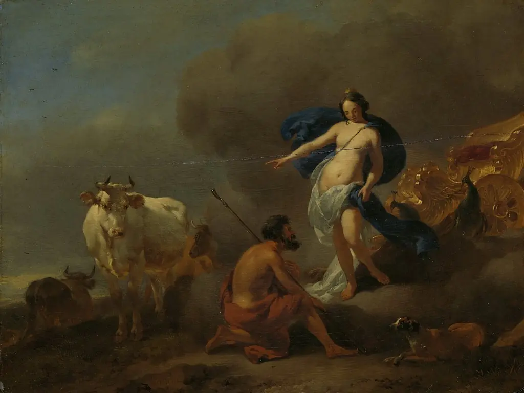 Juno commanding Argus to keep watch on Io, by Nicolaes Pieterszoon Berchem, oil, 1669