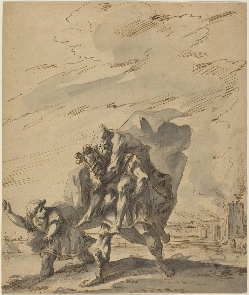 Aeneas Carrying Anchises from Burning Troy, by Gaspare Diziani, ink, 1733