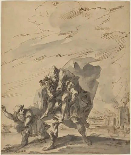 Aeneas Carrying Anchises from Burning Troy, by Gaspare Diziani, ink, 1733