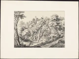 Rear View of the Convent with Waterfall, by Ernst Fries, ink, 1829
