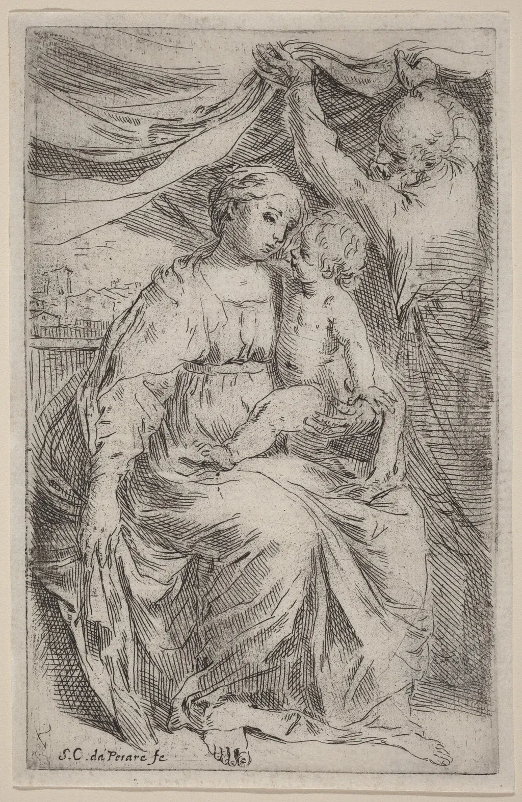 The Holy Family, by Simone Cantarini, ink, 1630