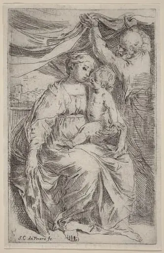 The Holy Family, by Simone Cantarini, ink, 1630