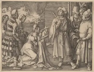 Potiphar's Wife Accusing Joseph, by Lucas van Leyden, ink, 1512