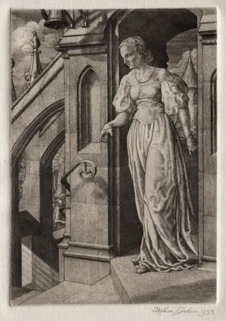 Illustration for "Peronnik the Fool":  Redemonde on the Staircase, by Stephen Gooden, 1933