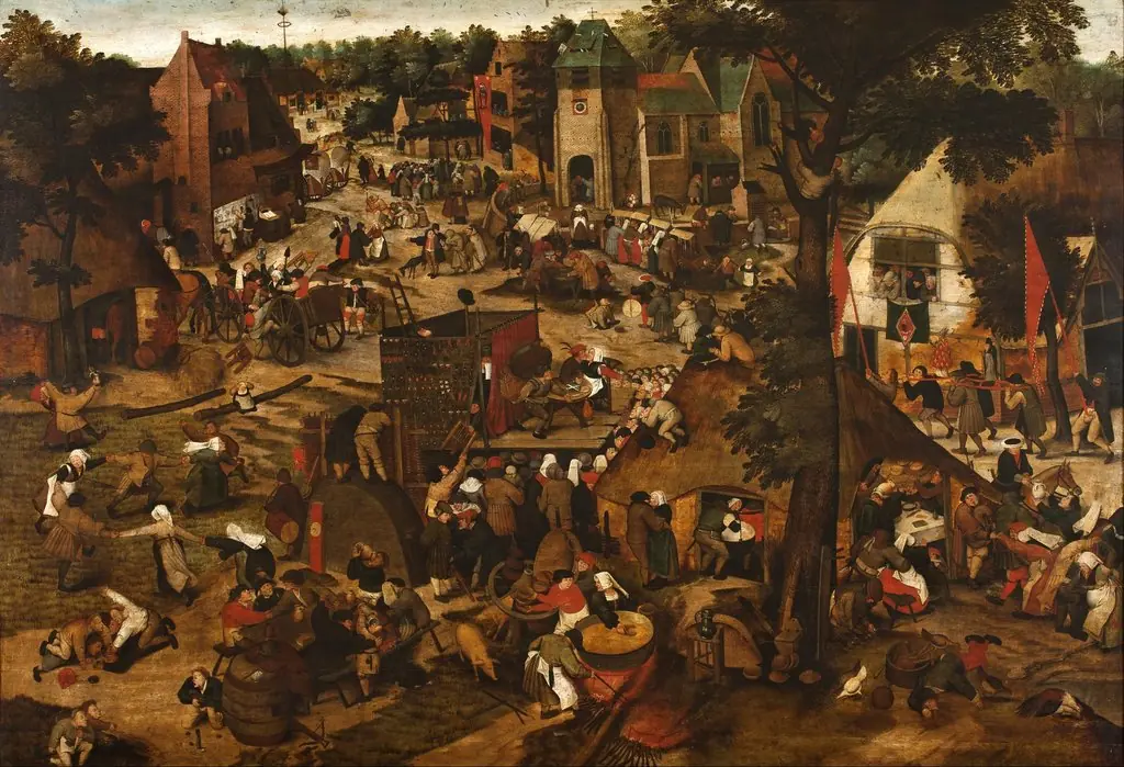 Fair with a Theatrical Presentation, by Pieter Brueghel the Younger, oil, 1600