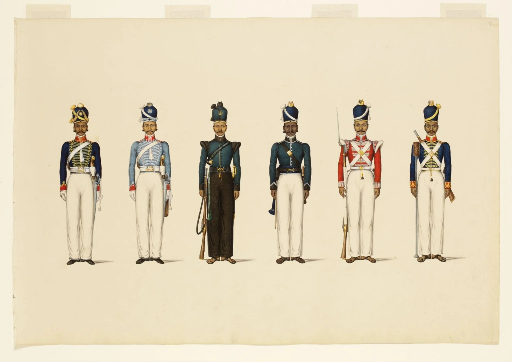 Six figures depicting military uniforms, detail