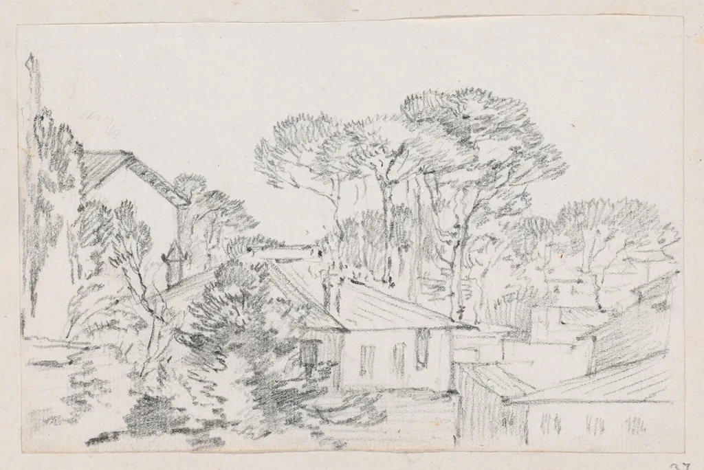 Rooftops and Umbrella Pines, by Joseph-Marie Vien, graphite, 1747
