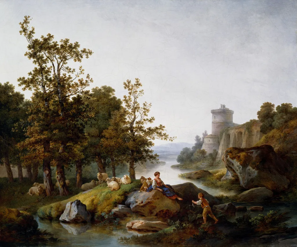 Landscape with a Shepherdess and a Boy Fishing, by Jean-Baptiste Huet, oil, 1797