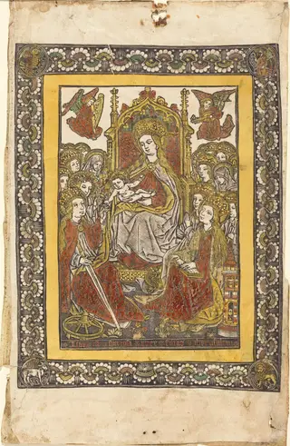The Madonna Enthroned with Eighteen Holy Women, by Master with the Mountain-Like Clouds, paint, 1485