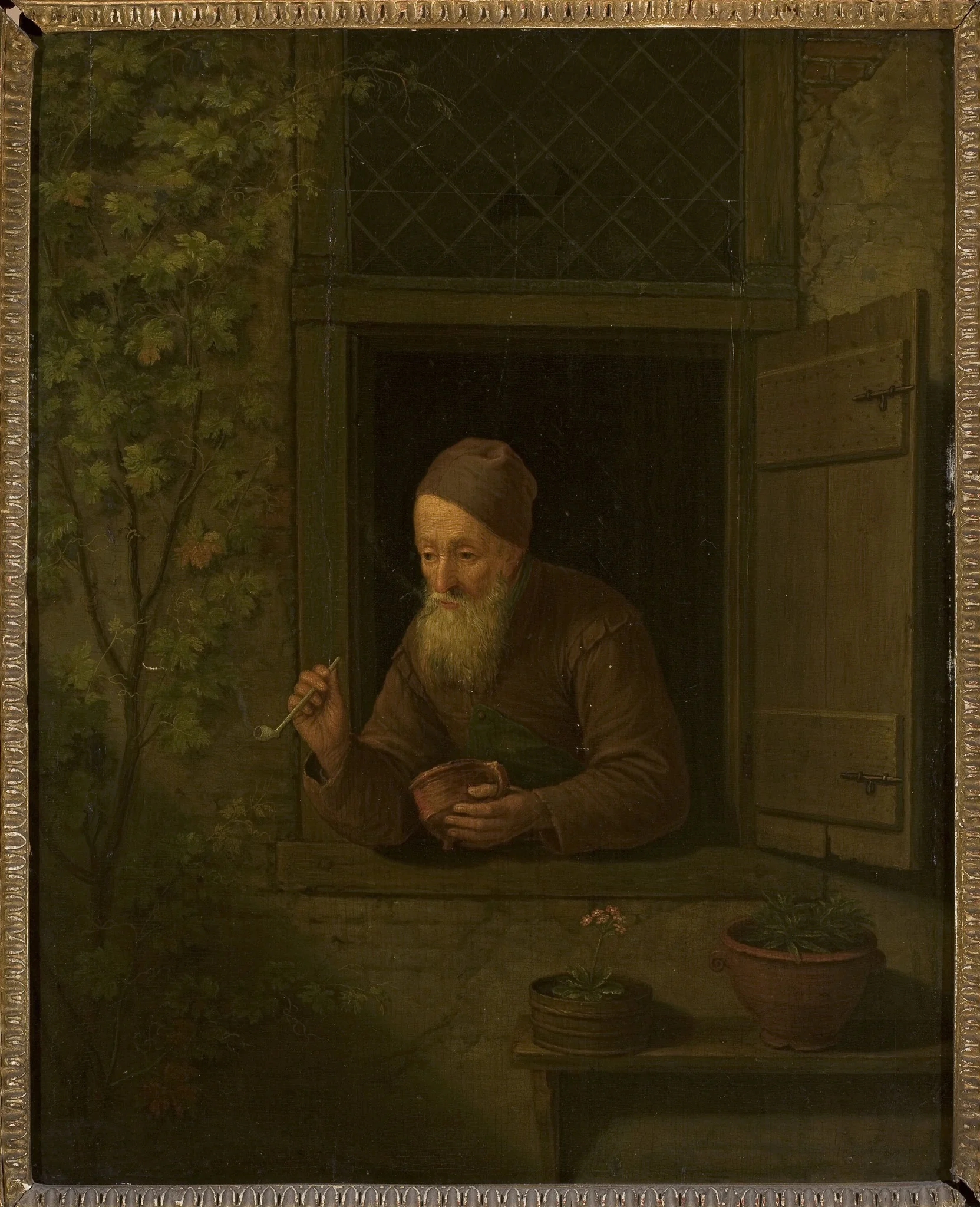 Old man with a pipe in the window, detail