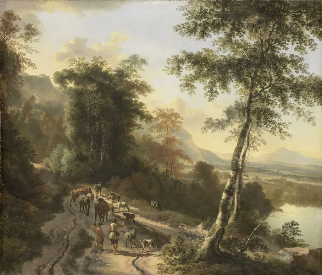 Landscape with cattle herders, by Jan Hackaert, oil, 1672