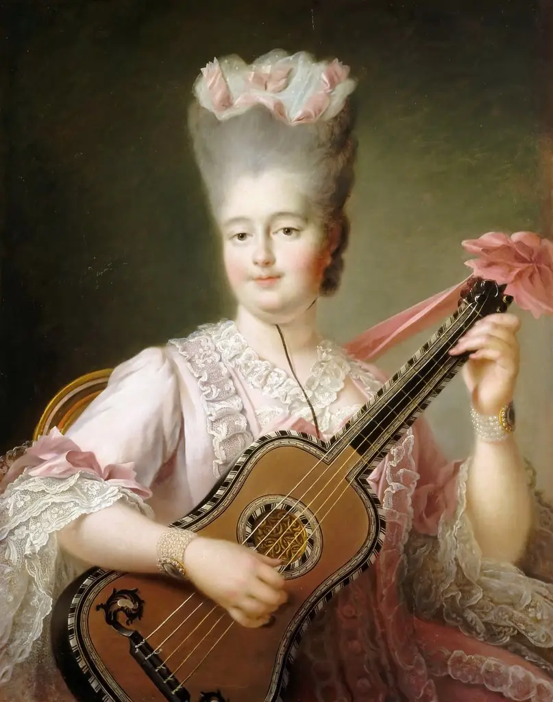 Madame Clotilde playing the guitar, by François-Hubert Drouais, oil, 1775