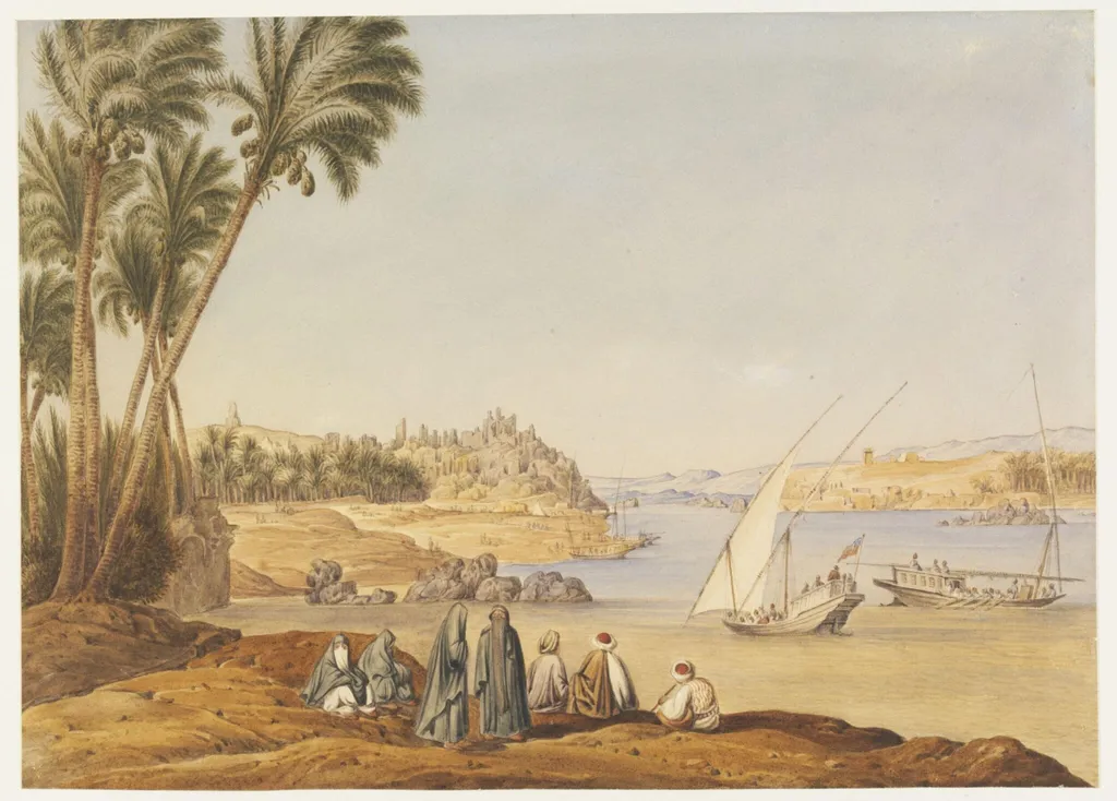 Aswan; looking south up the Nile, by Antonio or Anton Schranz, watercolor, 1845