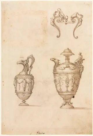 Design for Two Vases and an Ornament (recto), by Luzio Romano, 1504