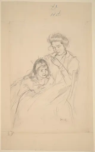 Margot Leaning against Reine's Knee, by Mary Cassatt, graphite, 1902