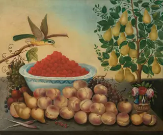 Still Life: Fruit, Bird, and Dwarf Pear Tree, by Charles V. Bond, oil, 1856