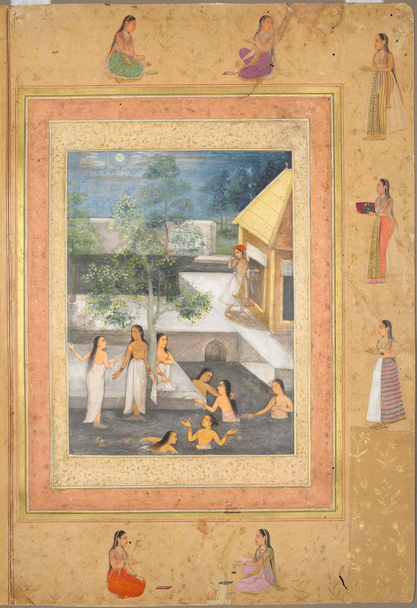 Page from the Late Shah Jahan Album: Harem Night-Bathing Scene (recto), detail