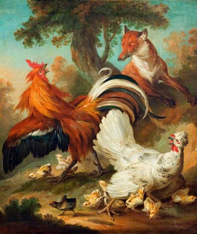 Cock, Hen and Chickens Surprised by a Fox, detail