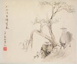Album of Landscape Paintings Illustrating Old Poems: Boy Tending a Water Buffalo, by Hua Yan, unspecified, 1745