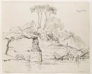 Ruined walls and rocks on a bank of the River Hugli, by George Chinnery, 3