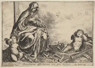 Virgin Bowing to Instruments of the Passion, by Pierre Brebiette, ink, 1624